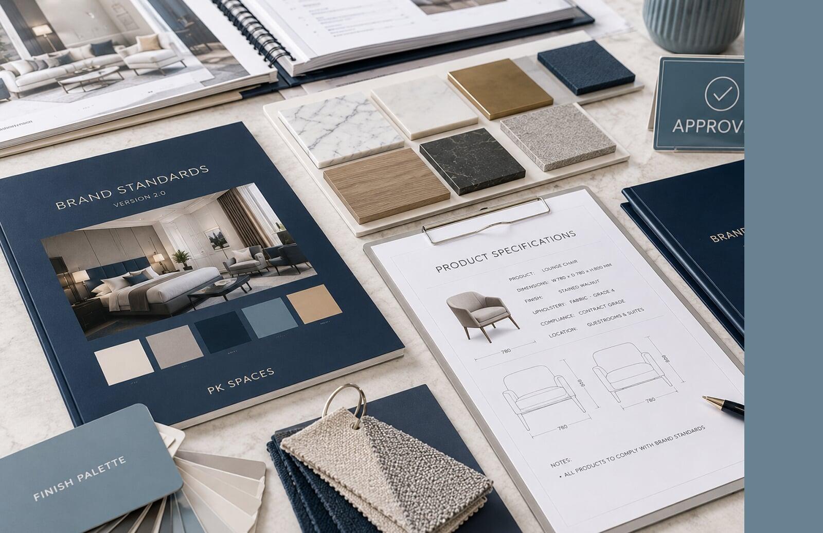 Hospitality brand standards documents, material samples, finish selections, and product specifications arranged for project review and approval.