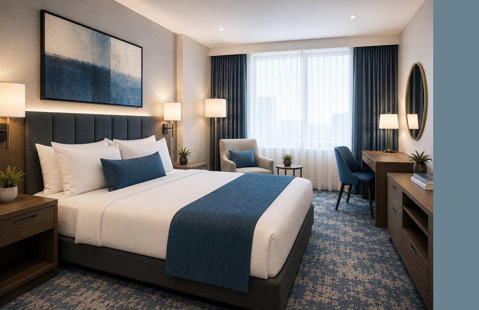 Completed hospitality guest room showcasing consistent brand standards, approved finishes, and a cohesive guest experience.
