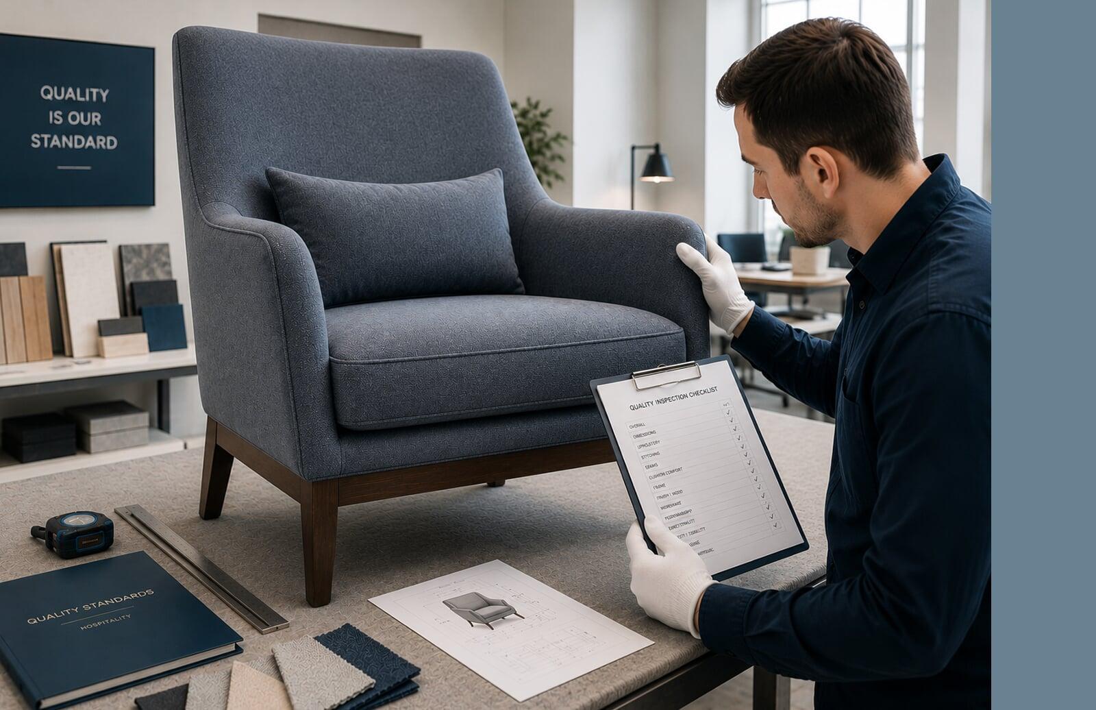 Quality control specialist inspecting a hospitality lounge chair using an inspection checklist and approved material samples.