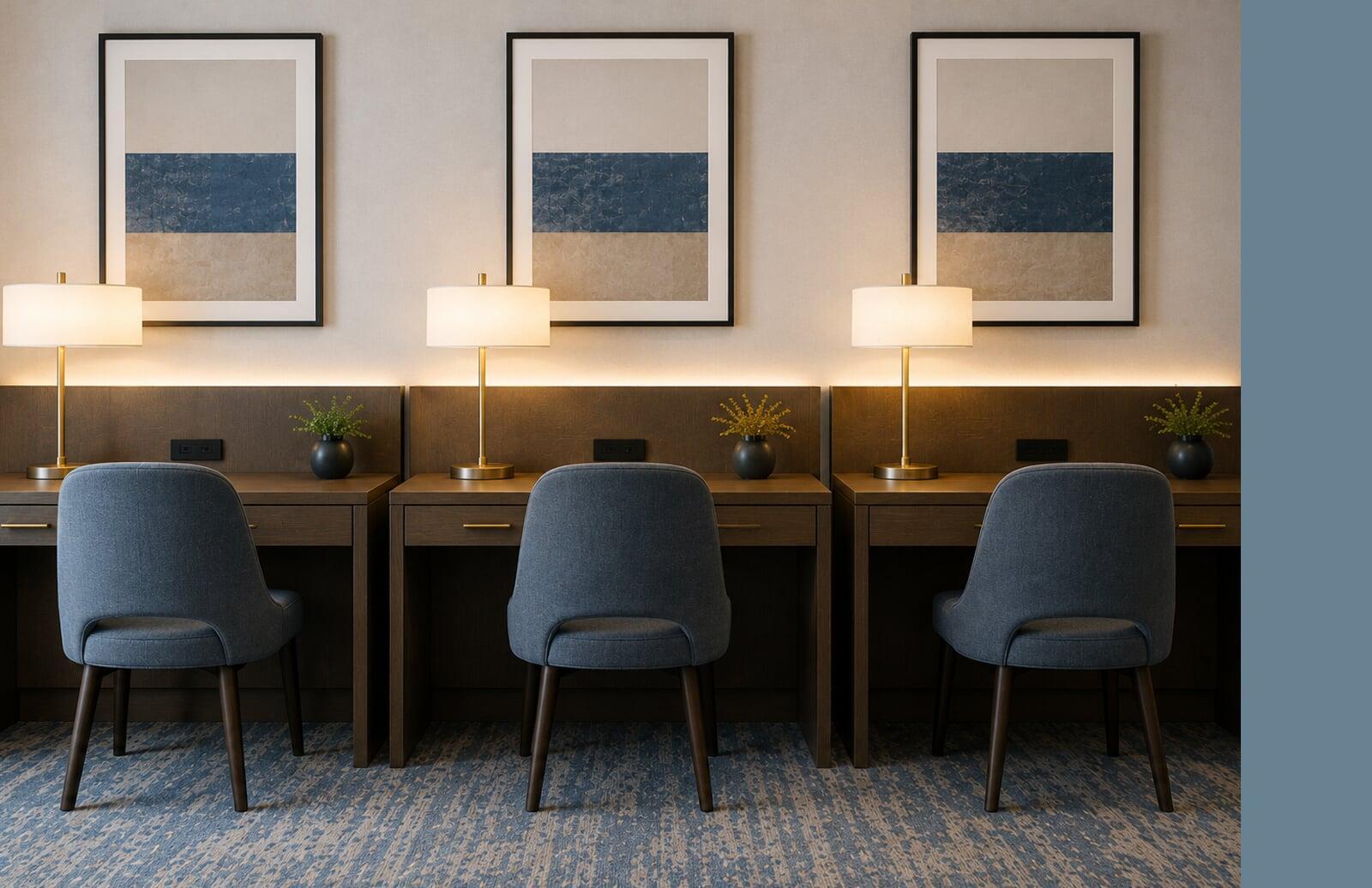 Three identical hospitality desk chairs and workstations demonstrating consistent design standards across multiple properties.