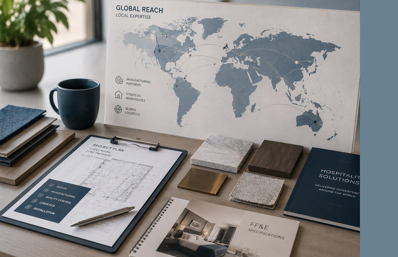 Global hospitality project planning workspace featuring a world map, logistics routes, material samples, and project documentation.
