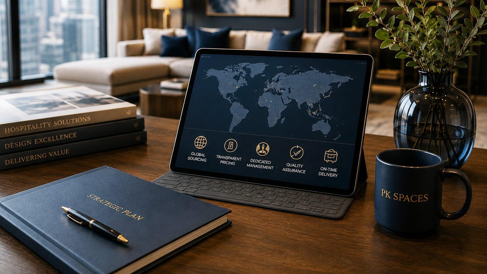 Strategic hospitality procurement planning workspace featuring global sourcing, project management, quality assurance, and logistics coordination.