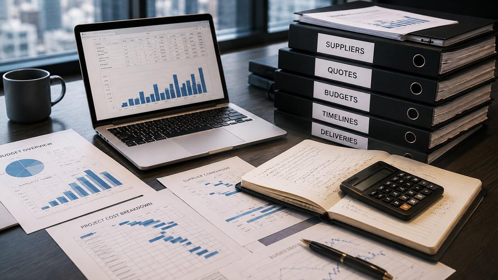 Hospitality procurement workspace showing budgets, supplier documents, project timelines, and cost management challenges.