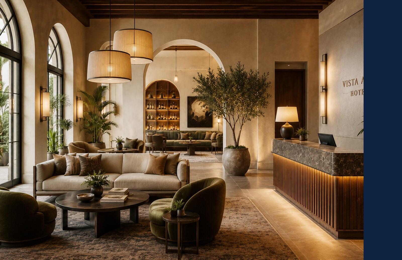 Boutique hotel lobby featuring custom furnishings, curated materials, architectural details, and a distinctive hospitality experience.