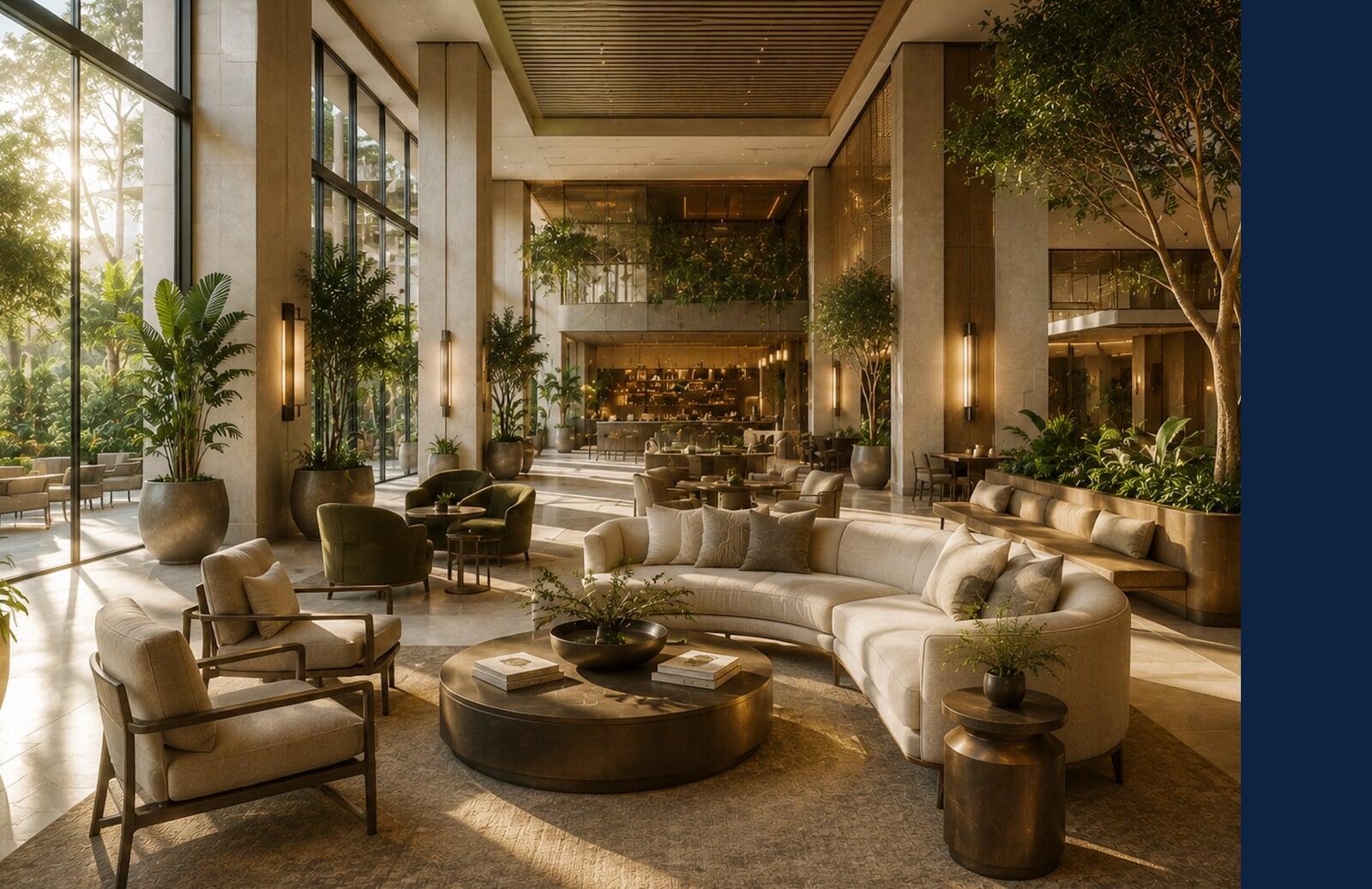 Luxury public space featuring custom furnishings, architectural lighting, curated materials, and inviting gathering areas.