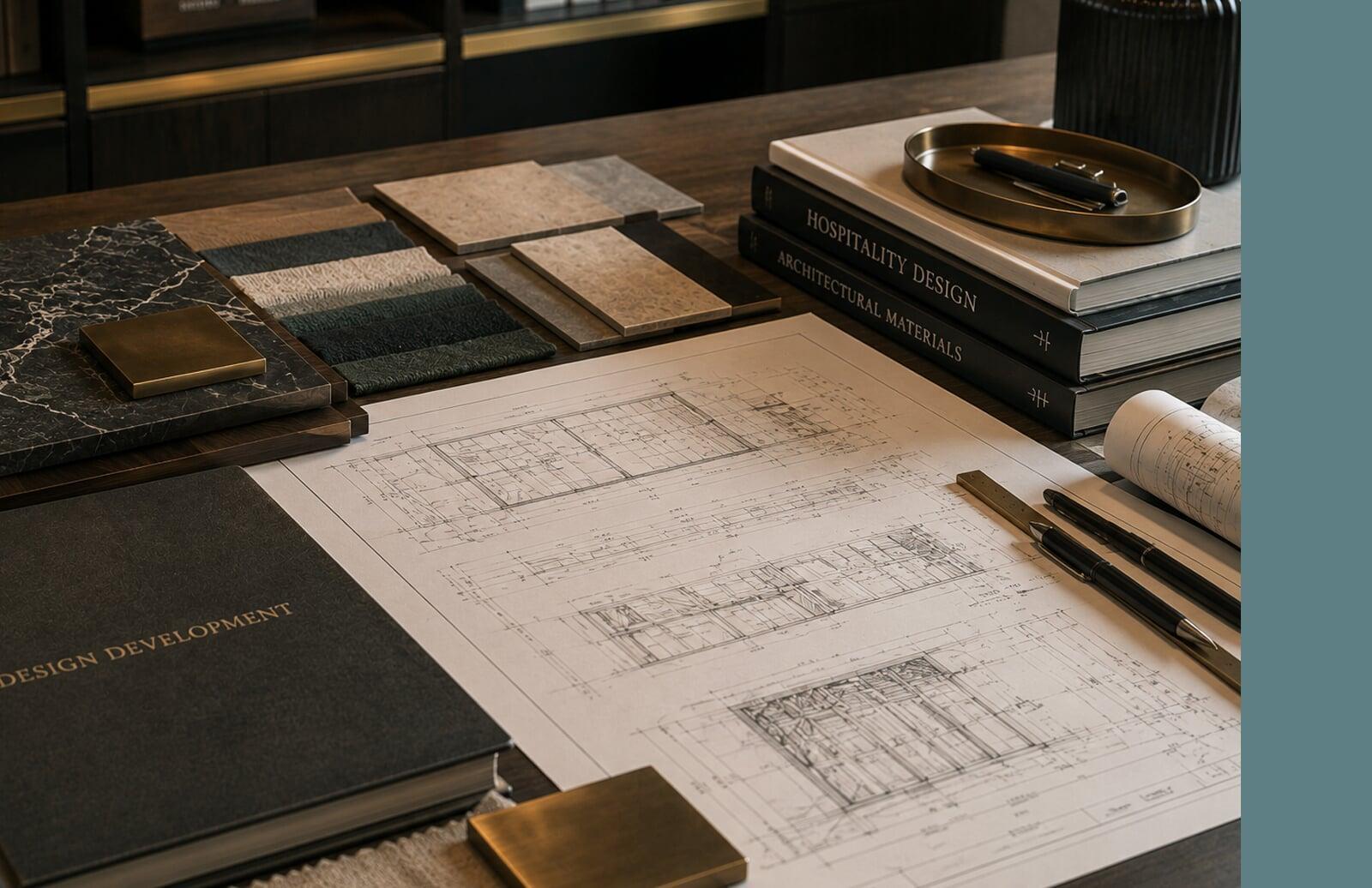 Architectural drawings, material selections, and project specifications prepared for hospitality design and value engineering review.