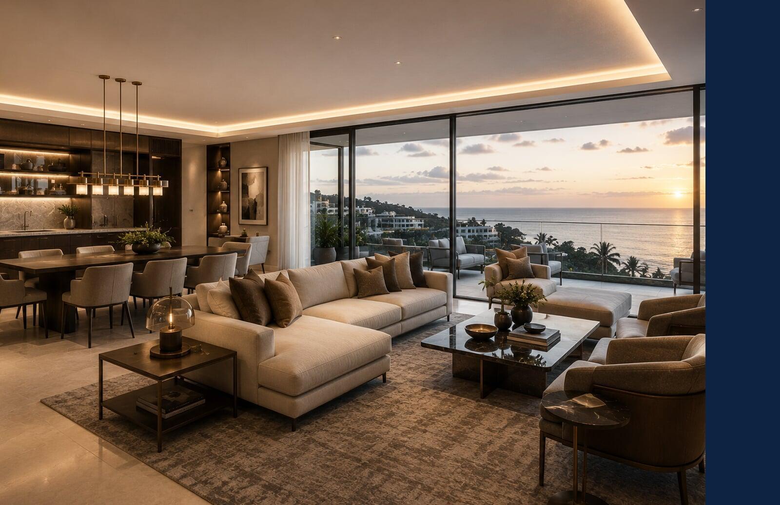 Luxury branded residence featuring custom furnishings, premium finishes, and sophisticated indoor-outdoor living with ocean views.