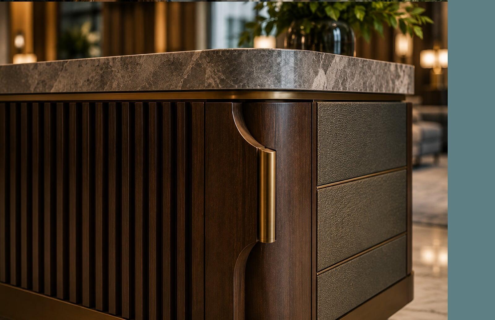 Custom hospitality furniture showcasing premium wood craftsmanship, stone surfaces, textured finishes, and precision detailing.