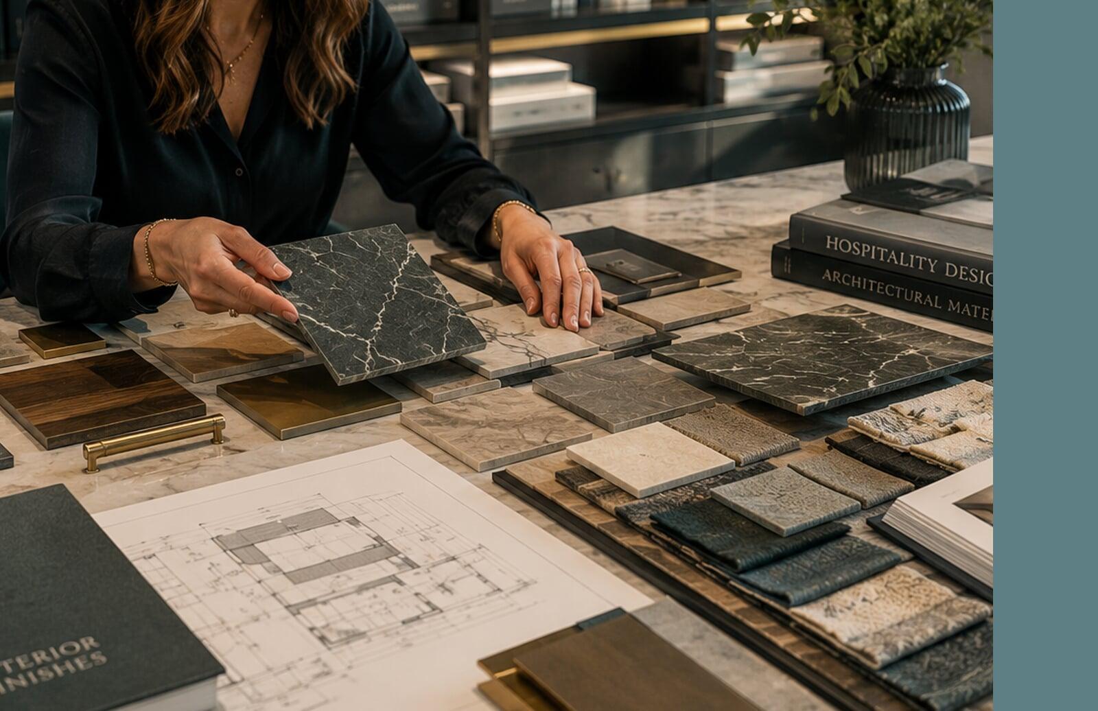 Interior designer reviewing luxury finish samples, material selections, and architectural plans for a hospitality design project.