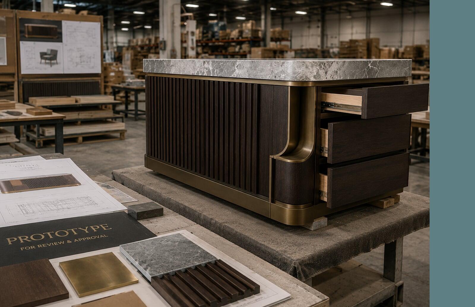 Custom furniture prototype displayed in a manufacturing facility with design drawings, finish samples, and materials prepared for project review and approval.