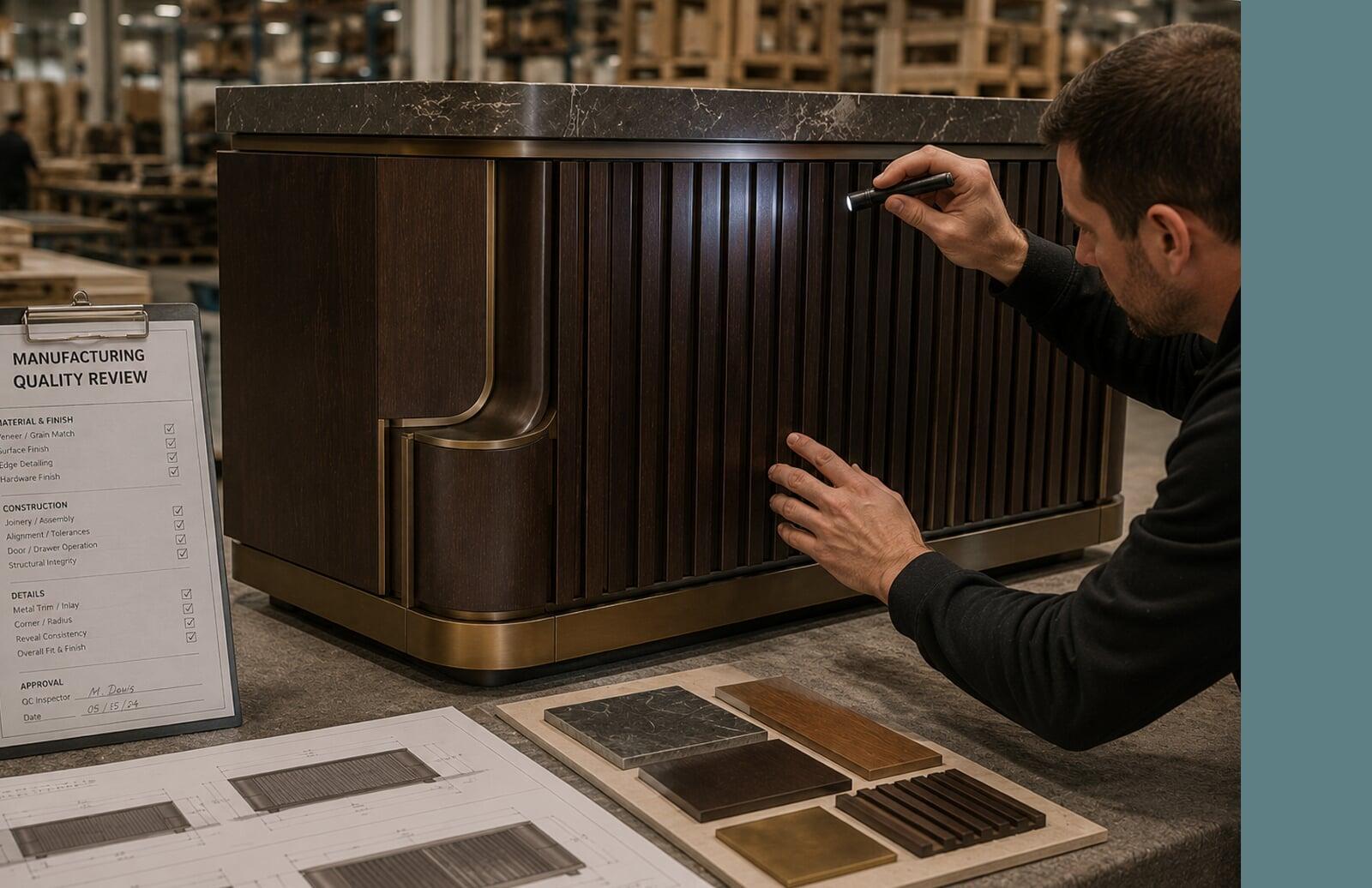 Quality inspector reviewing custom hospitality furniture to verify craftsmanship, materials, finishes, and production standards.