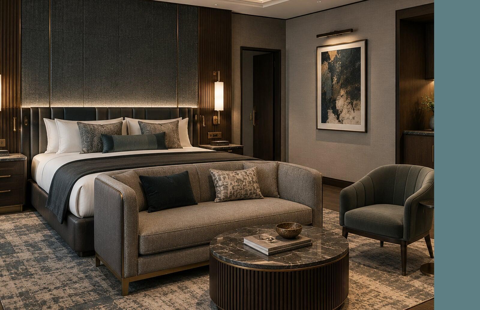 Luxury hospitality mockup suite showcasing custom furnishings, premium finishes, and a fully realized guestroom design for project approval.