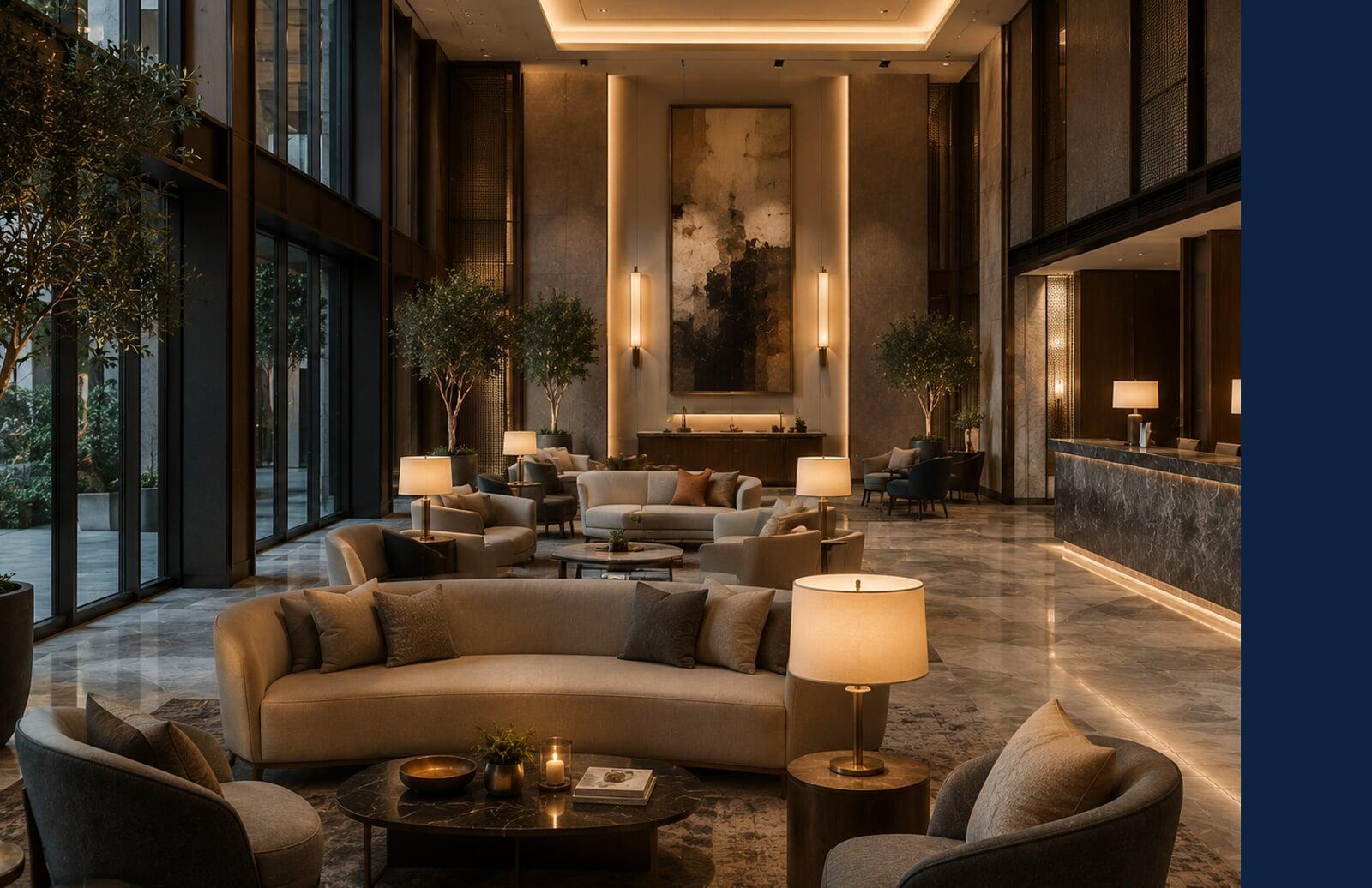 Luxury hotel lobby featuring custom hospitality furnishings, premium materials, architectural lighting, and sophisticated interior design.