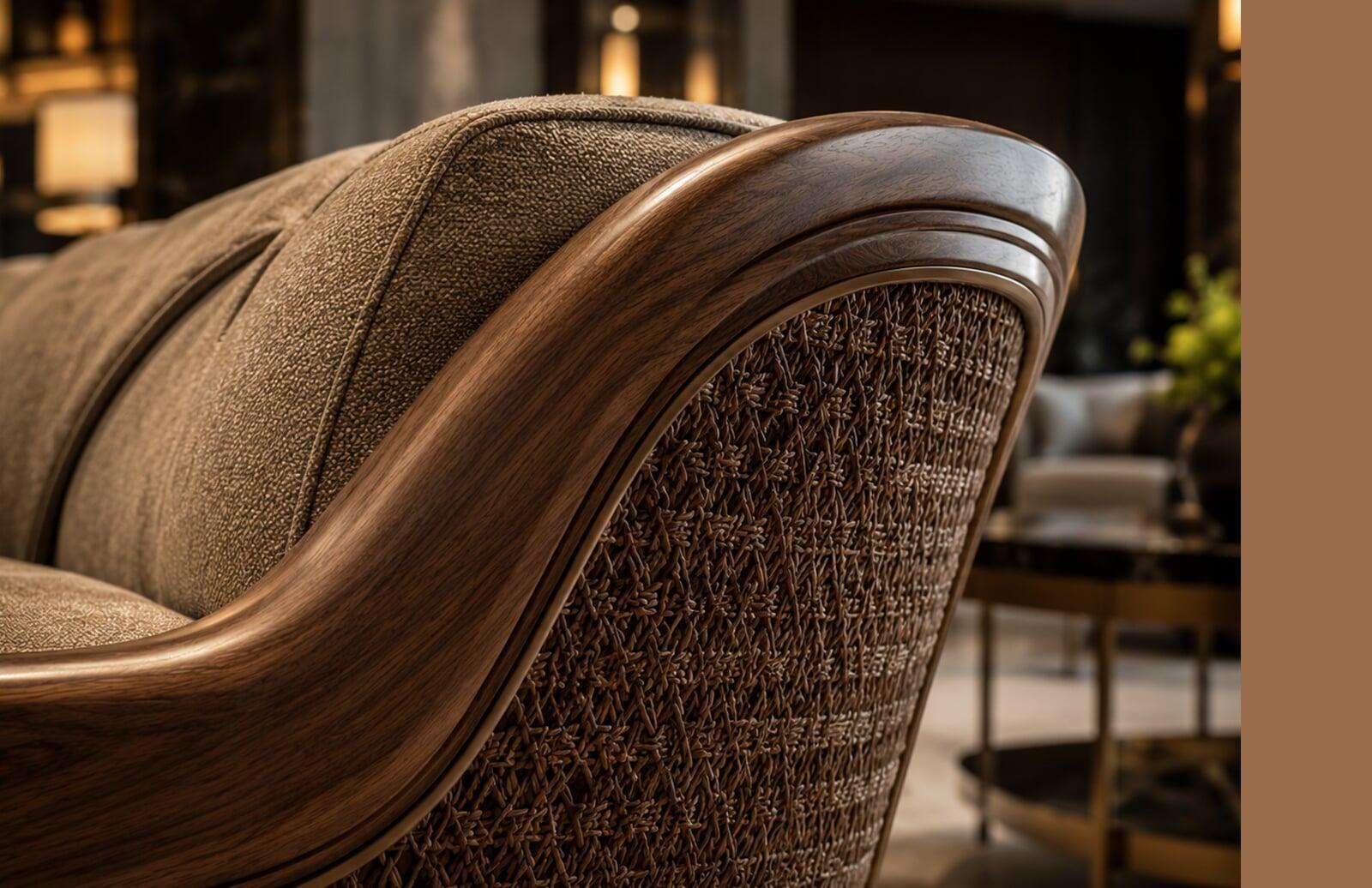 Close-up of custom hospitality furniture showcasing premium upholstery, wood craftsmanship, and luxury detailing.