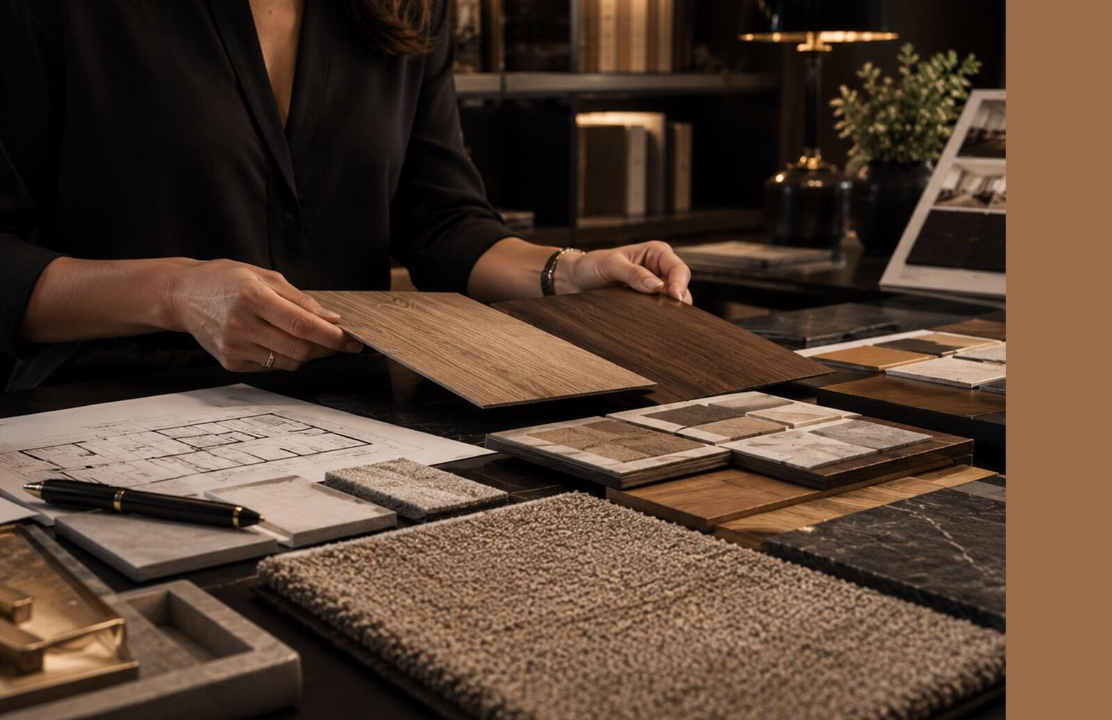 Hospitality designer reviewing finish samples and material selections during the value engineering process.