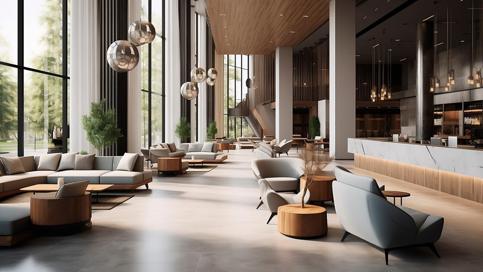 Luxury hotel lobby featuring custom furnishings, architectural lighting, and hospitality interiors.