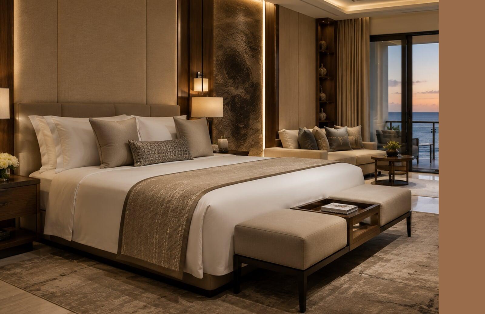 Completed luxury hotel guest suite featuring custom furnishings, premium finishes, and turnkey installation.