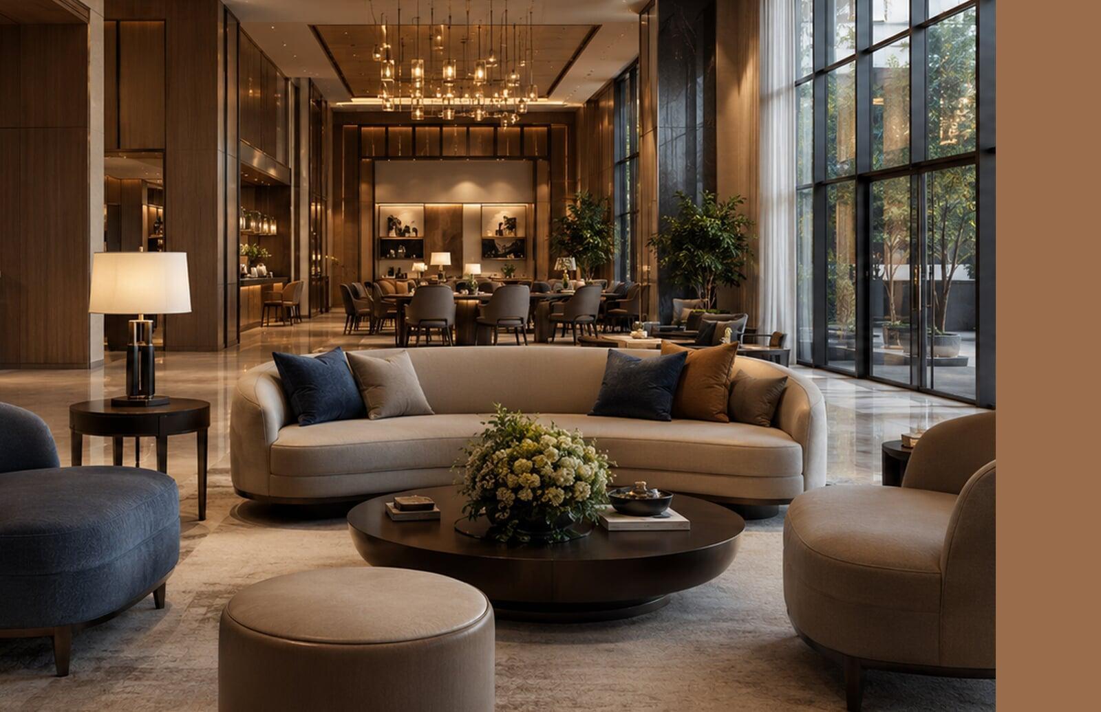 Luxury hotel lobby featuring custom hospitality furniture, elegant finishes, and sophisticated interior design.