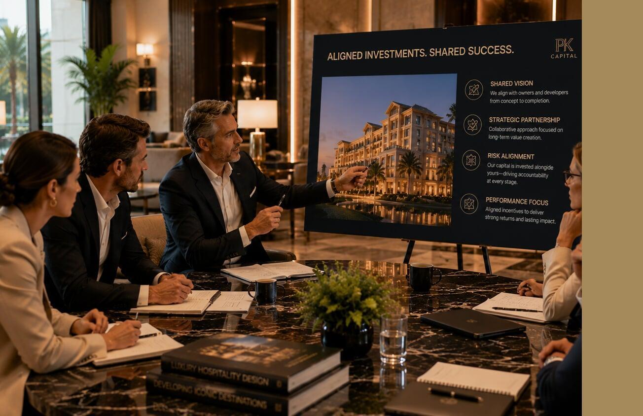 Owners and investors collaborating on a hospitality project presentation during an investment strategy meeting.