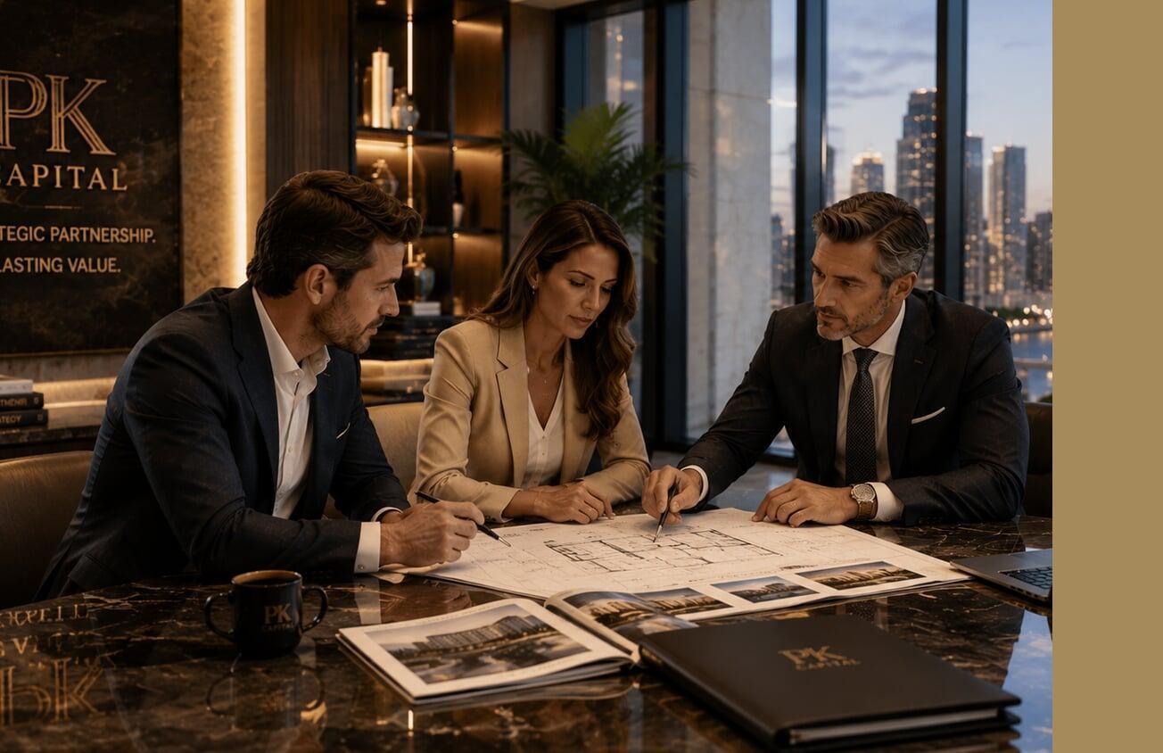 Business executives reviewing hospitality development plans in a luxury office during a strategic investment meeting.