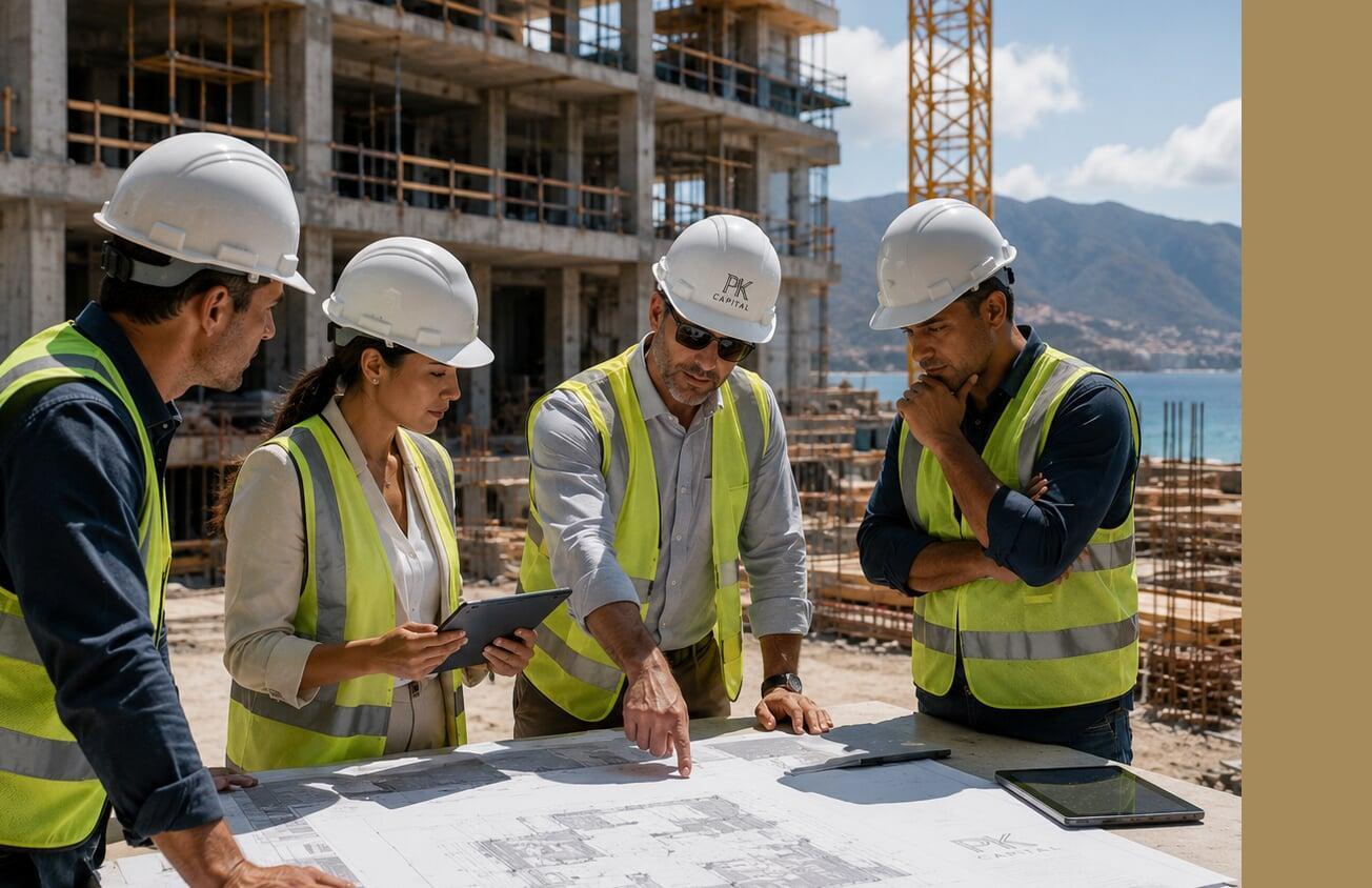 Development team conducting a construction site review and evaluating project progress for a hospitality investment.