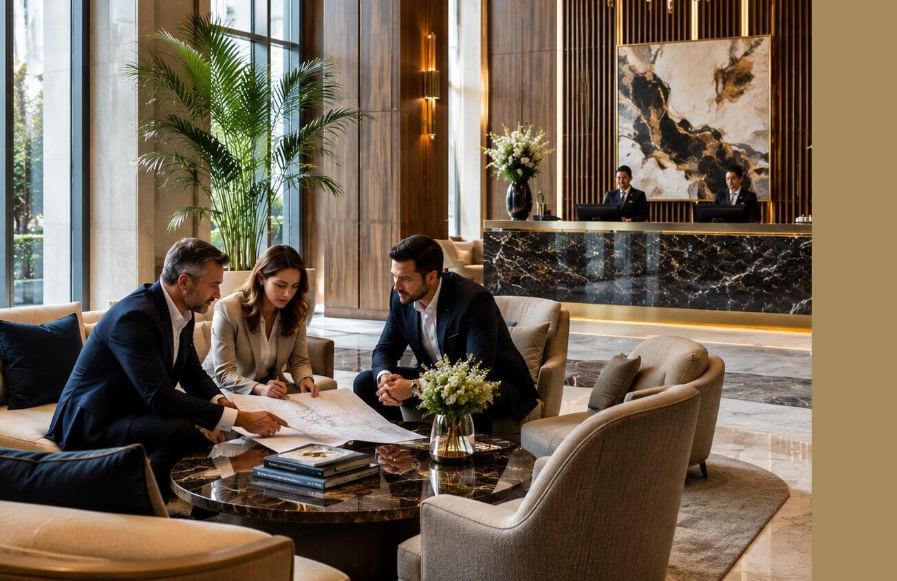 Business executives reviewing hospitality development plans in a luxury office during a strategic investment meeting.