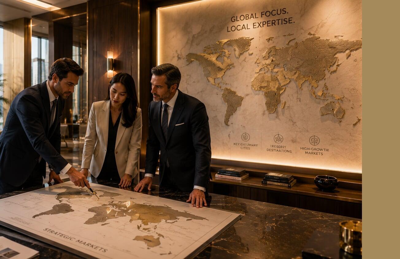 Investment executives reviewing global hospitality market opportunities and international growth strategies.