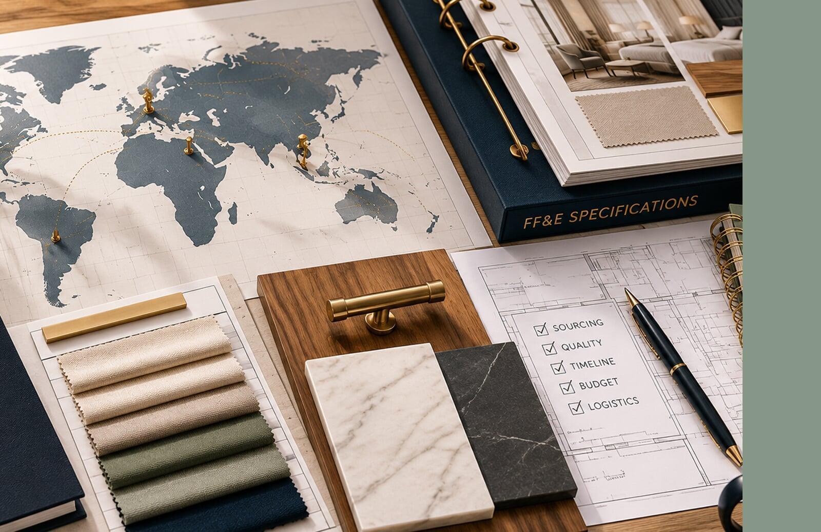 Hospitality sourcing workspace featuring a world map, material samples, project specifications, and global manufacturing planning documents.
