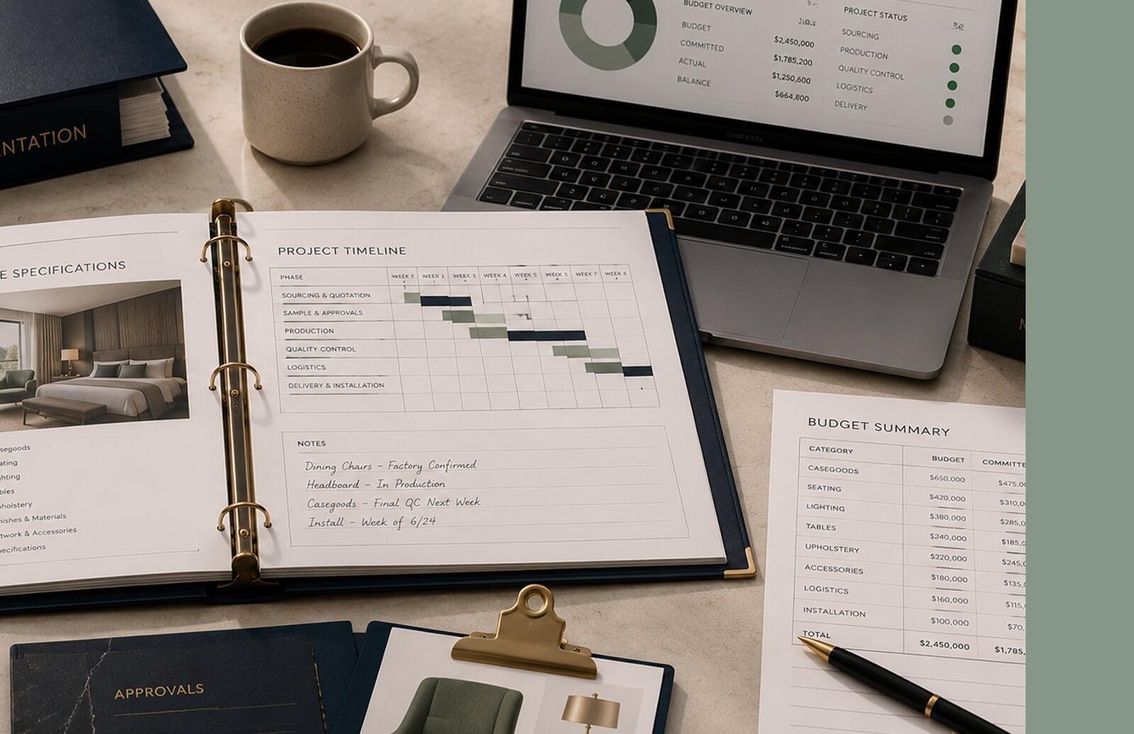 Hospitality project management workspace with procurement schedules, budget tracking, FF&E specifications, and project documentation.