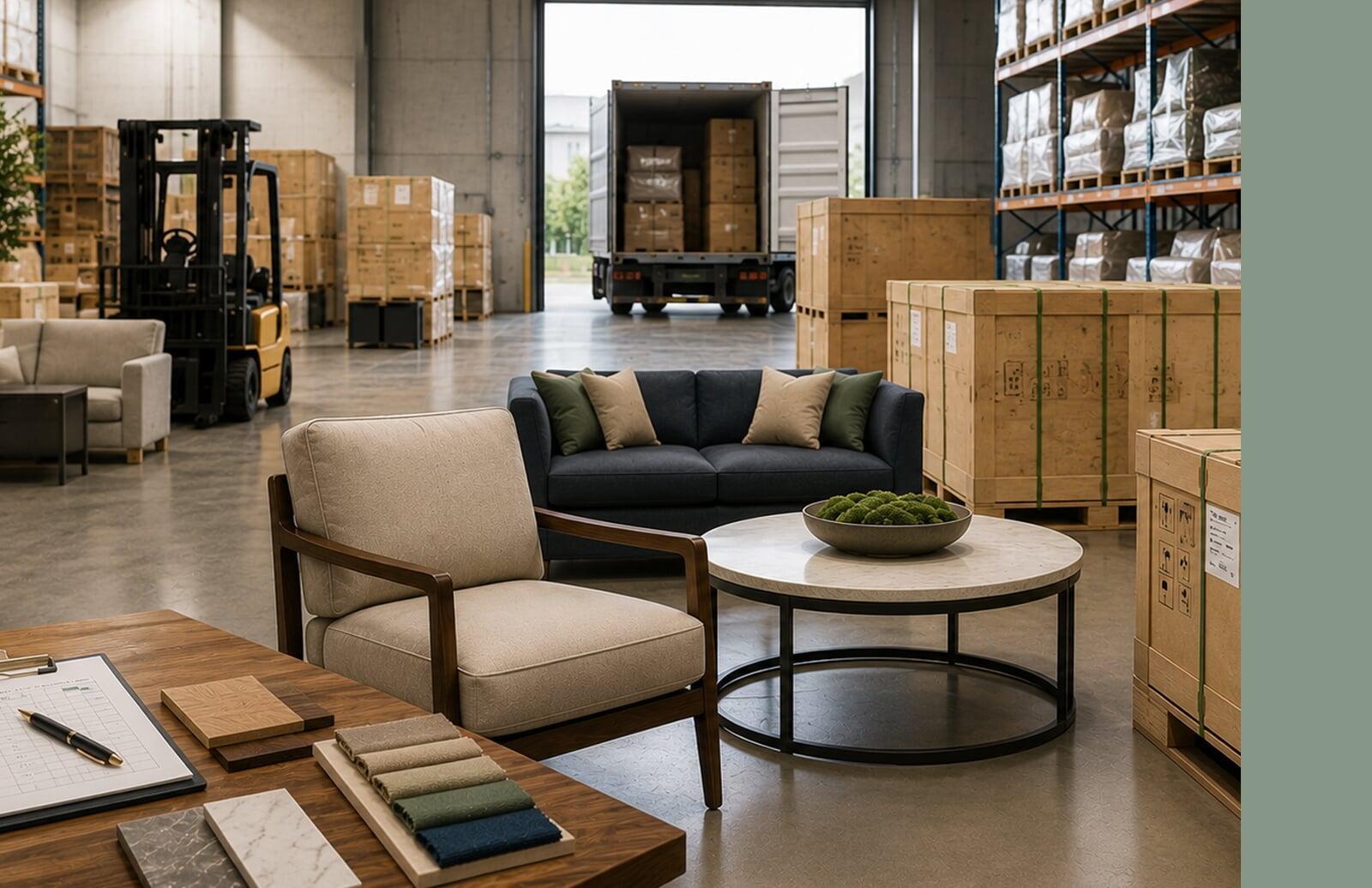 Hospitality furniture prepared for shipment in a quality-controlled warehouse with organized inventory, logistics coordination, and delivery staging.