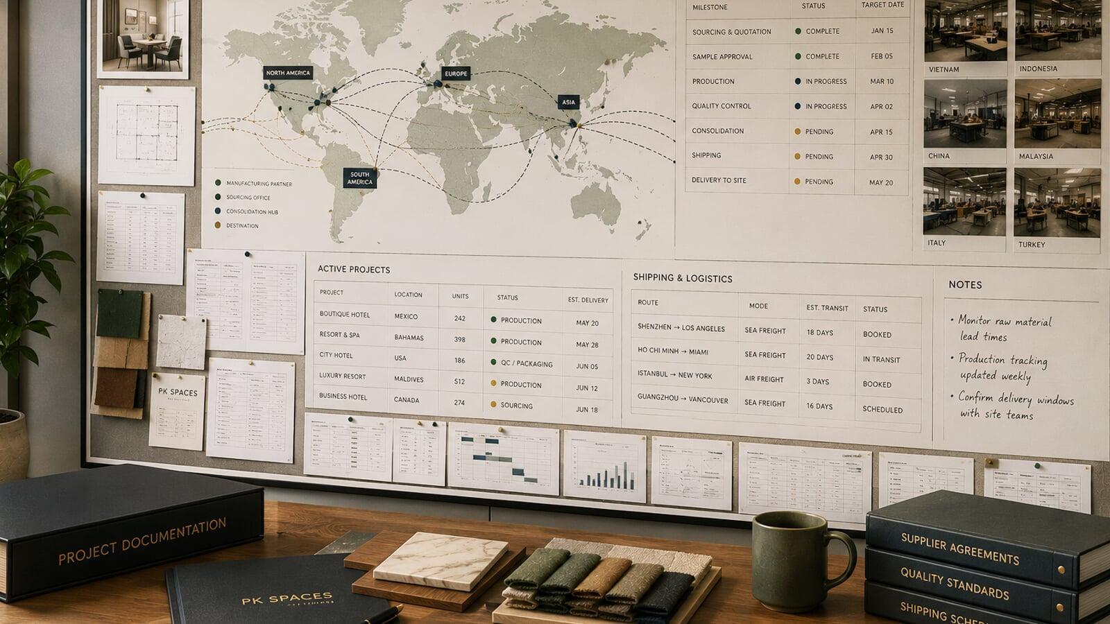 Large supply-chain planning board displaying global manufacturing locations, shipping routes, project schedules, supplier information, and delivery milestones.