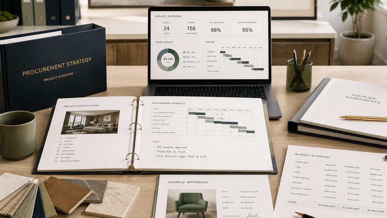 Strategic hospitality procurement planning workspace featuring global sourcing, project management, quality assurance, and logistics coordination.