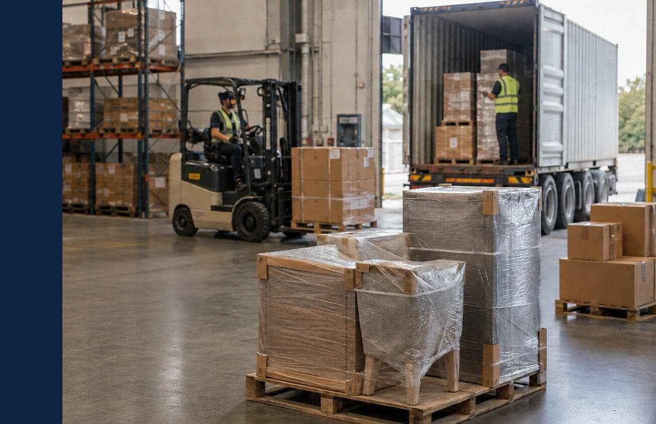 Truck in loading doc with cargo in boxes