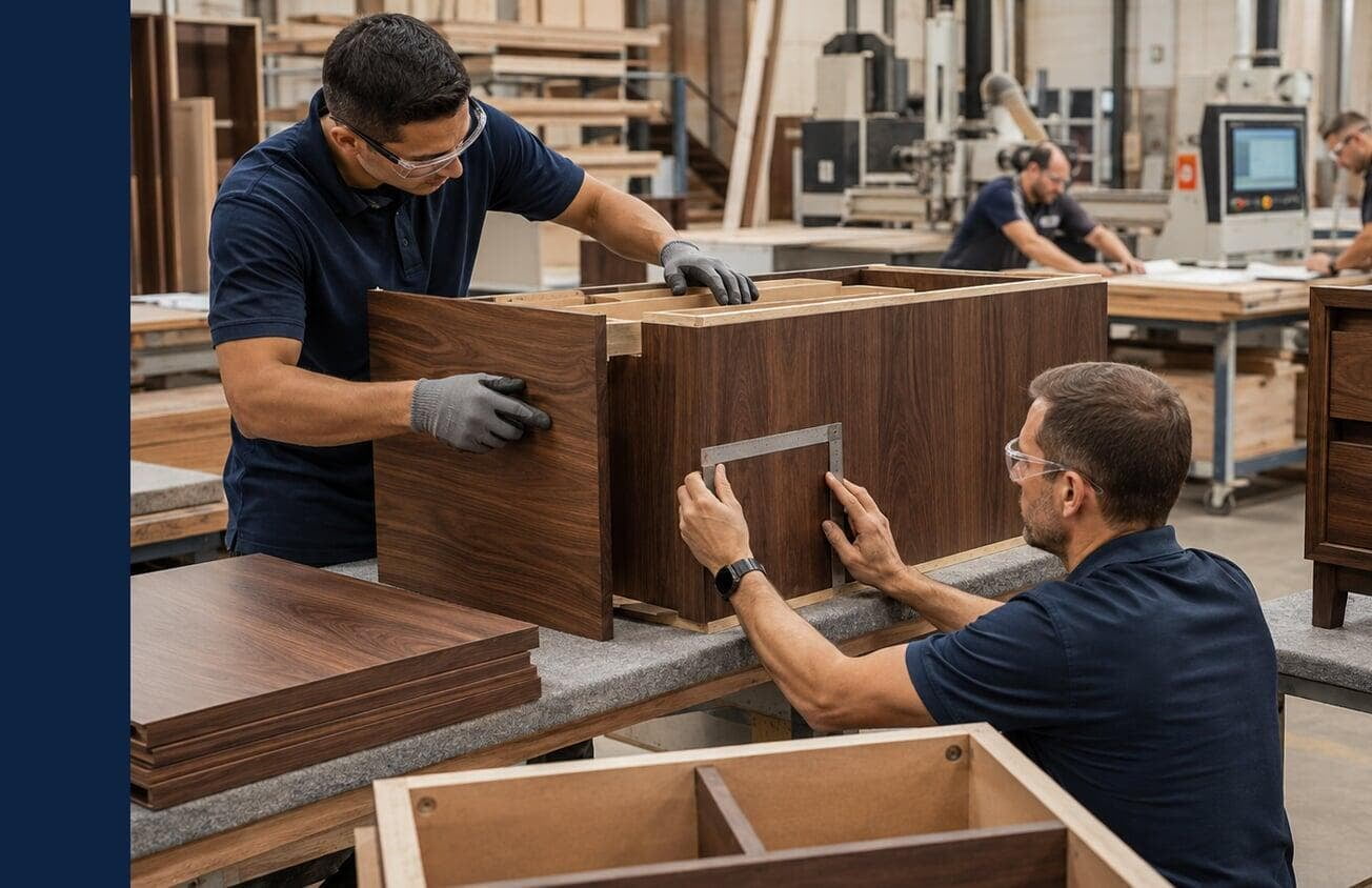Two men in a furniture manufacturing plant