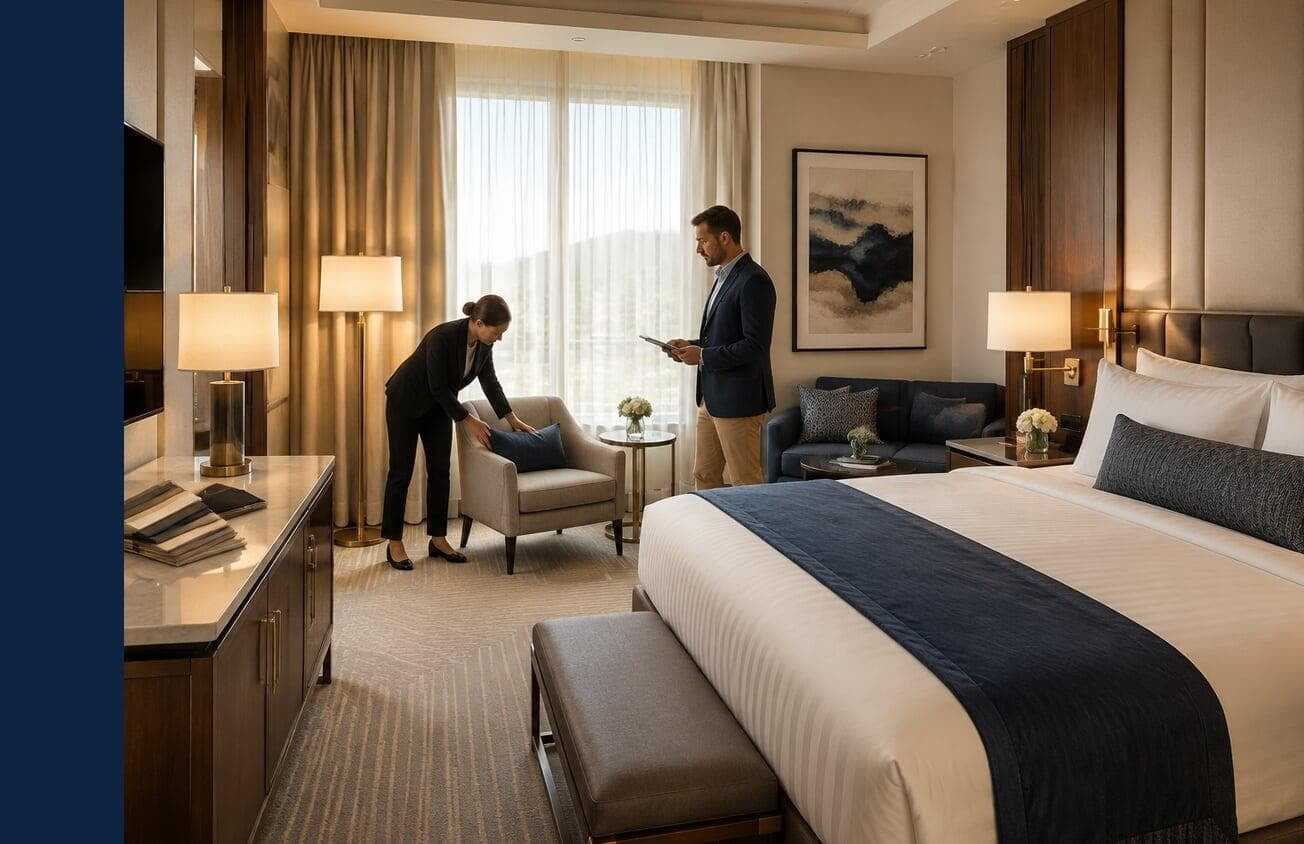 Hotel room with bed and desk