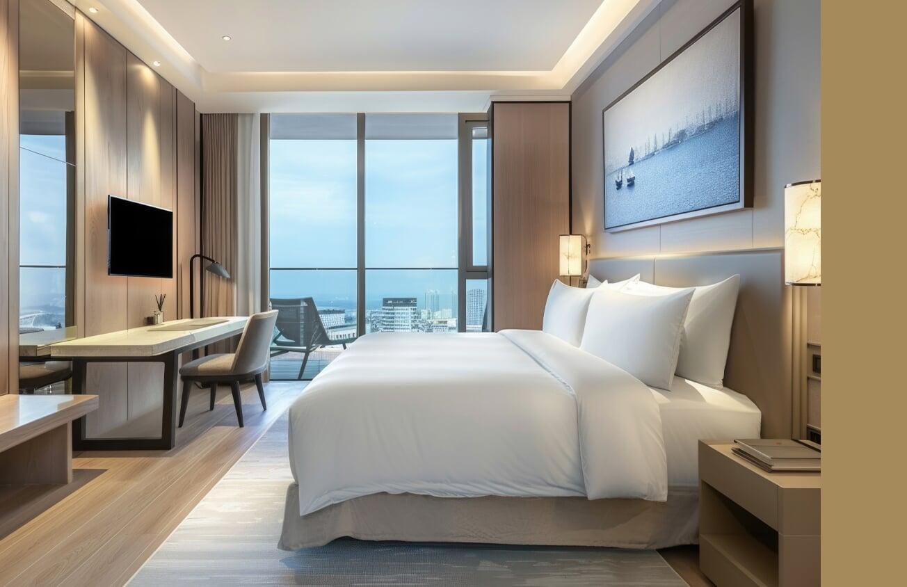 Hotel room with bed and desk