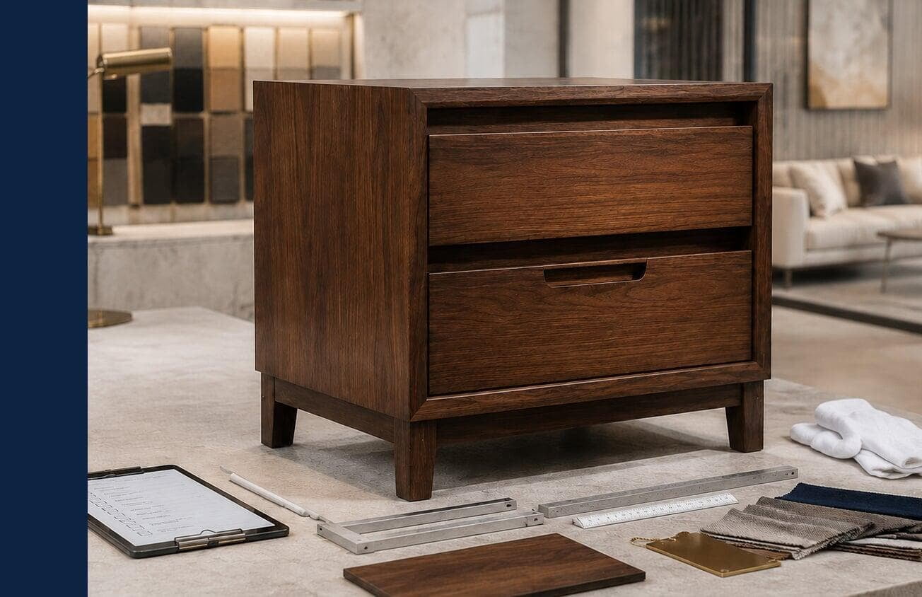 Two drawer chest on table with wood samples and clip board