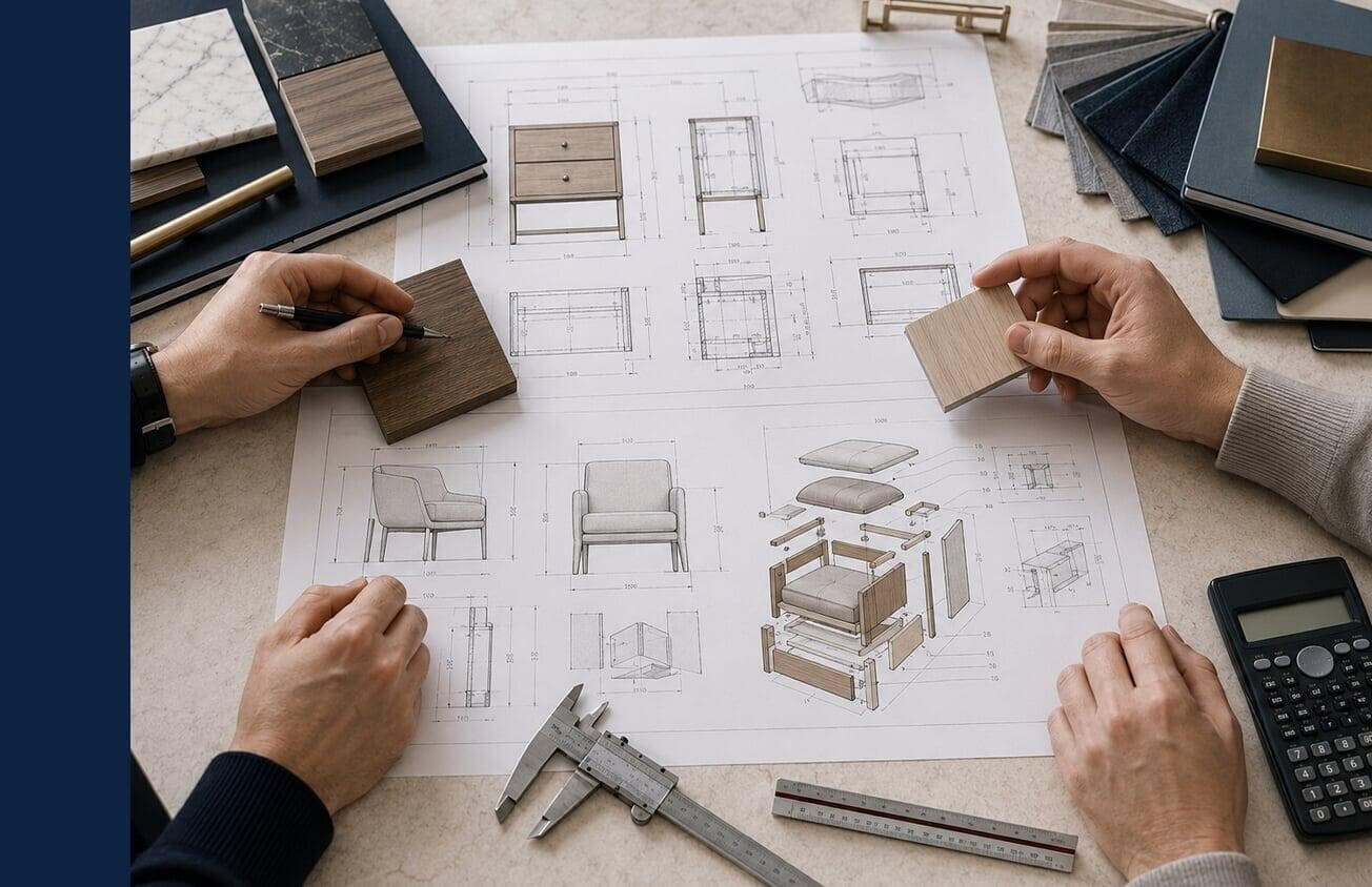 Technical drawings and wood samples