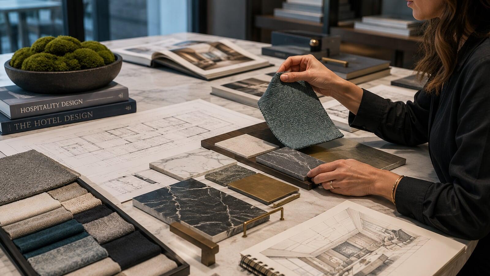 Hospitality designer reviewing material samples, finishes, and project specifications.