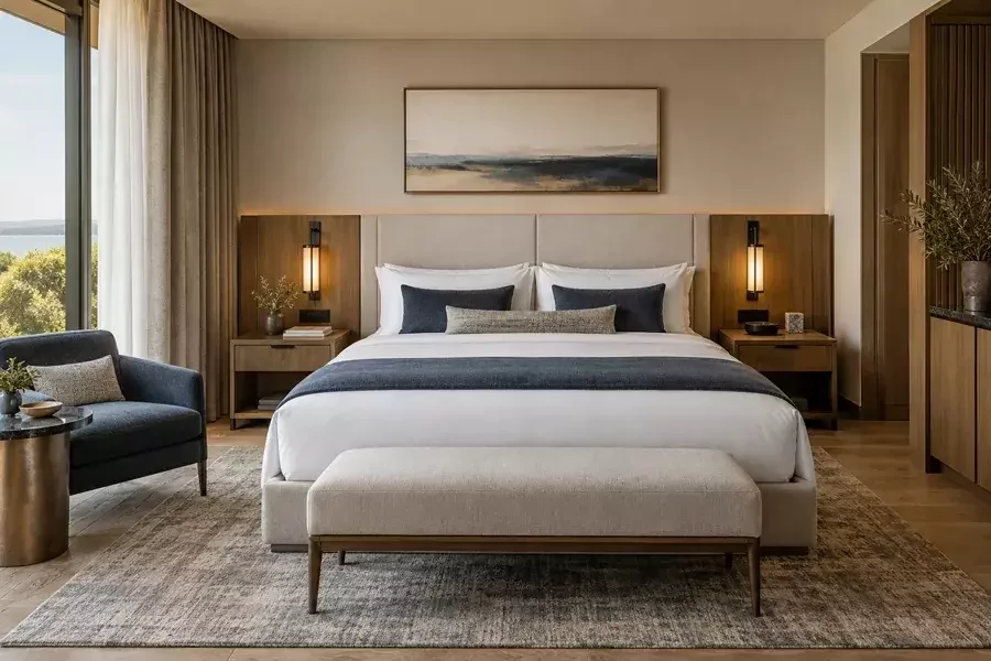 Habitación de hotel terminada con mobiliario, ropa de cama e iluminación coordinados