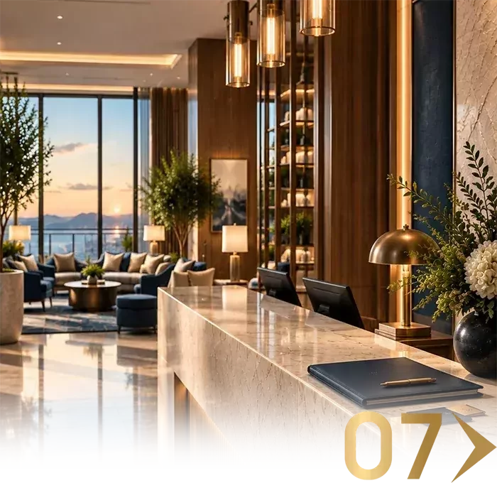 Lobby y recepción de un hotel terminado