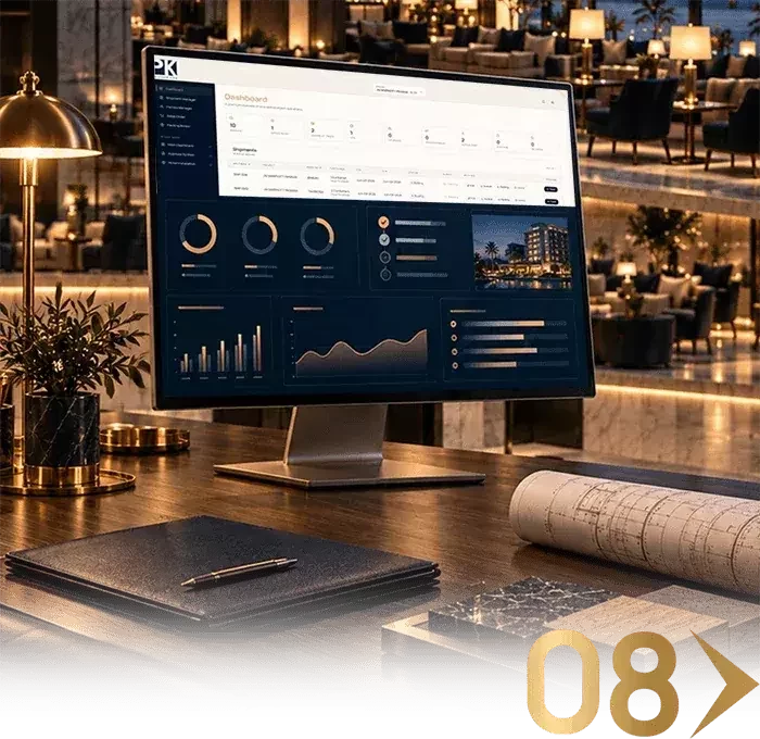 Estación de trabajo con computadora y vista a un interior hotelero