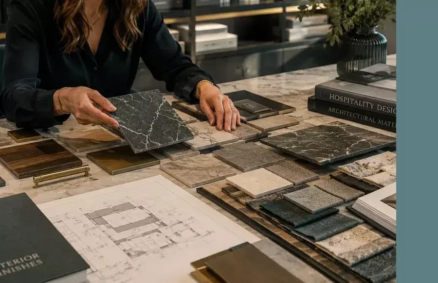 Diseñador de interiores revisando muestras de acabados de lujo, materiales y planos arquitectónicos de un proyecto hotelero.