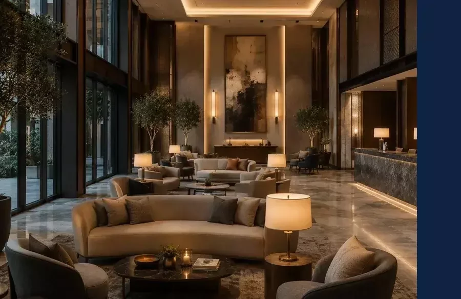 Lobby de hotel de lujo con mobiliario a medida, materiales de alta calidad, iluminación arquitectónica y diseño interior sofisticado.