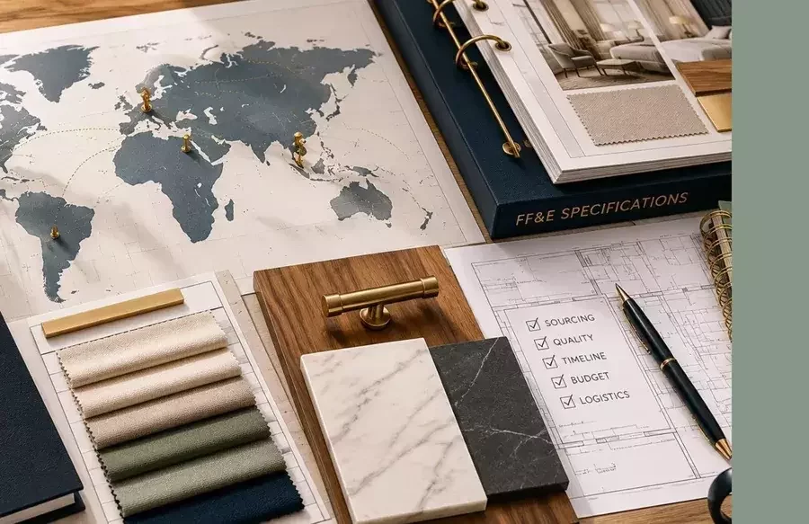 Espacio de abastecimiento hotelero con mapa del mundo, muestras de materiales, especificaciones y documentos de planificación de fabricación global.