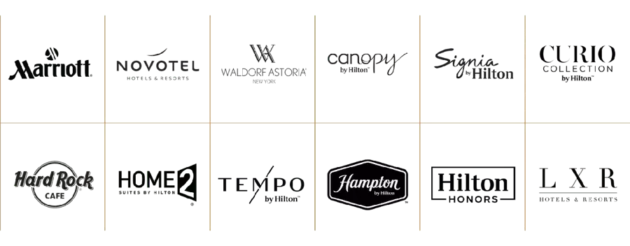 Cuadrícula de logotipos de diversas marcas hoteleras