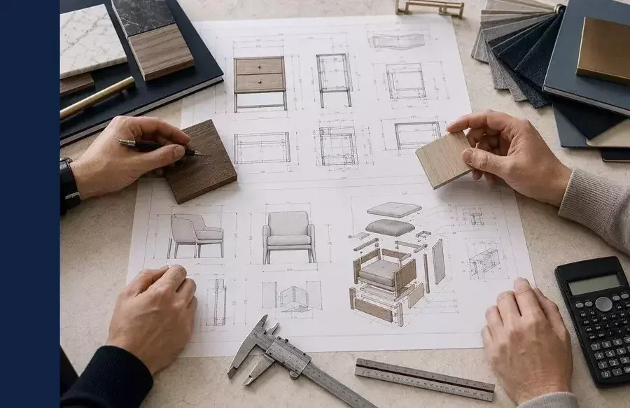 Planos técnicos y muestras de madera