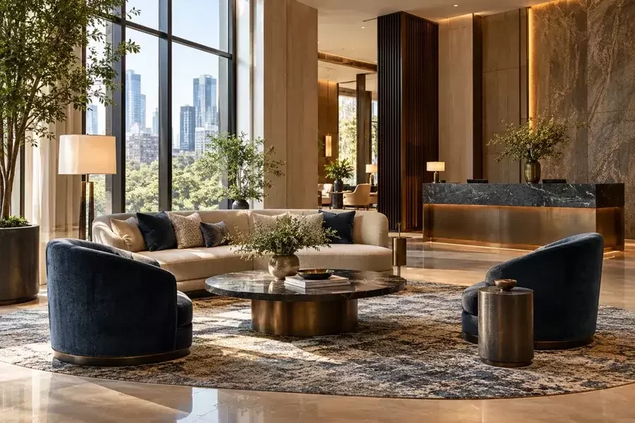 Lobby de hotel refinado con recepción y asientos coordinados