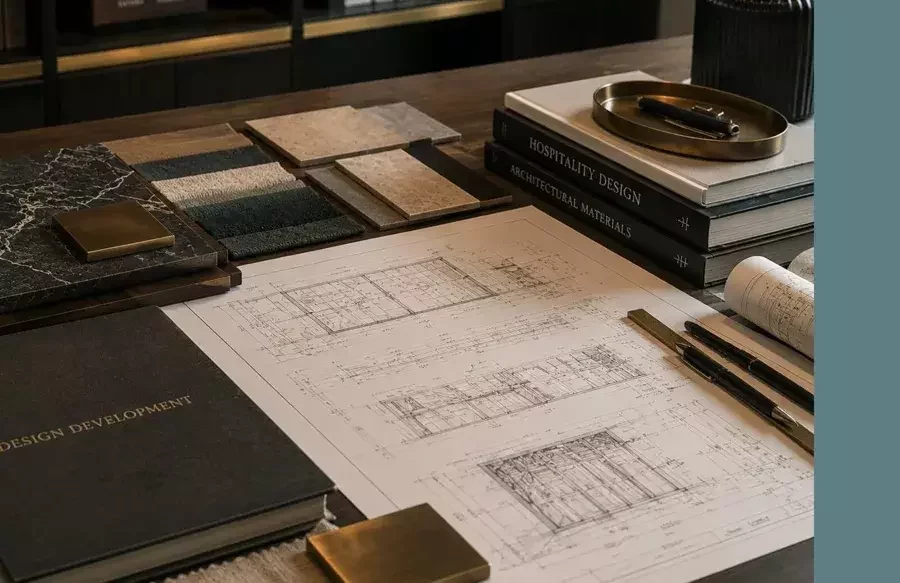 Planos arquitectónicos, materiales y especificaciones preparados para revisar el diseño hotelero y la ingeniería de valor.