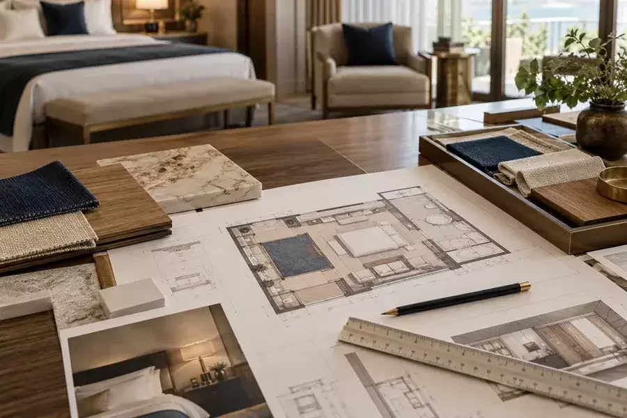 Planos de habitación hotelera con muestras de tapicería, madera y piedra